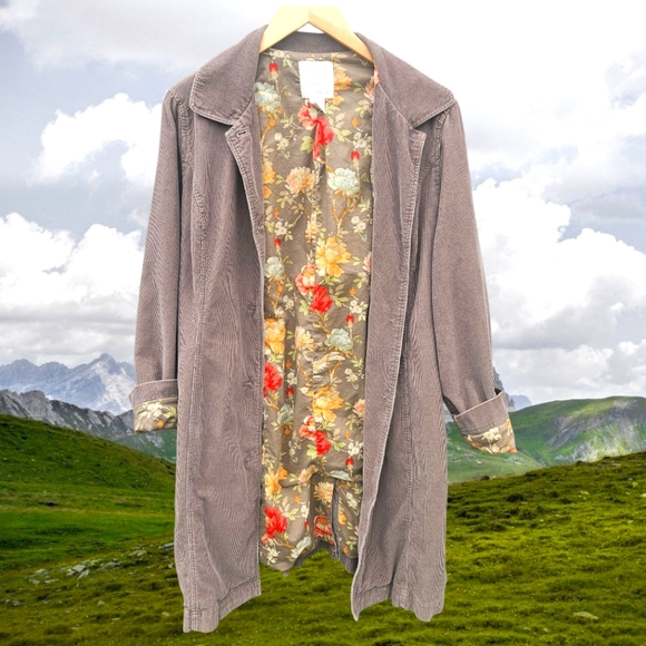 J Jill small brown corduroy trench coat Floral Lined Pockets - Picture 1 of 16